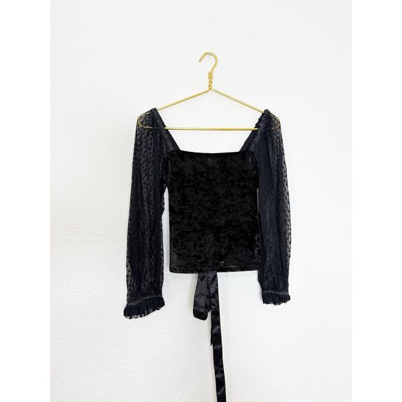Anthropologie Porridge Black Velvet Lace Up Back Top Small Swiss Dot Puff Sleeve - Picture 3 of 12